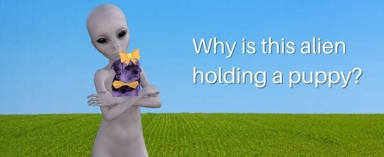Alien holding purple dog